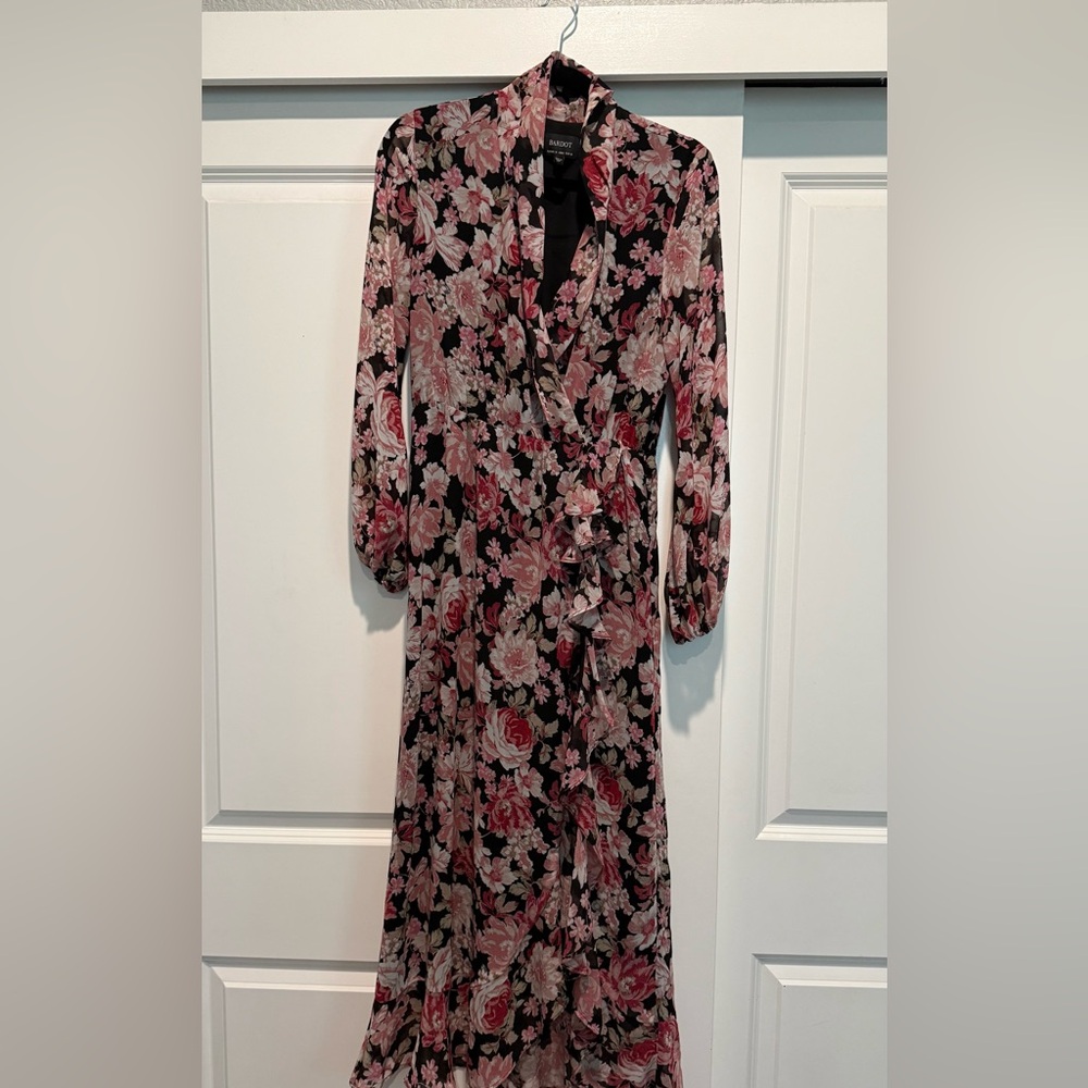 Bardot Floral Long Sleeve Dress in Pink and Black